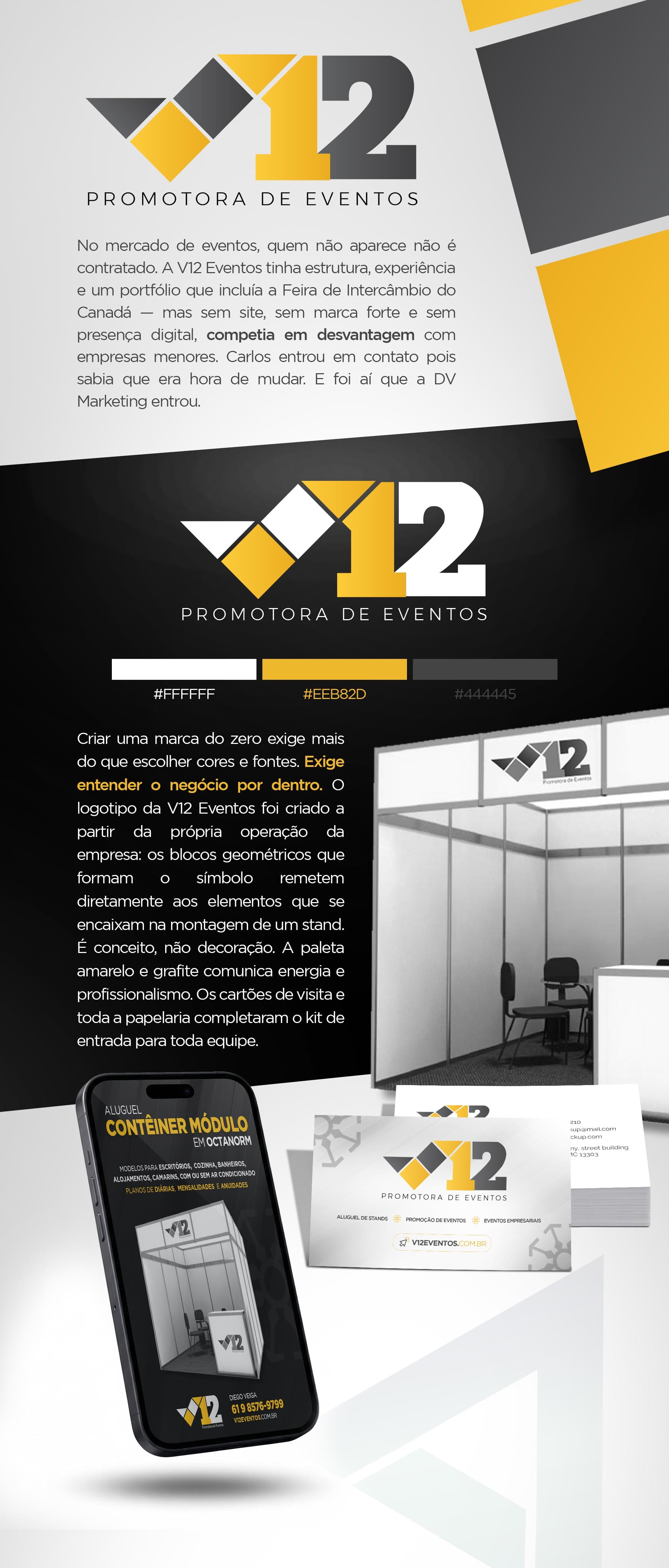 Case completo da identidade visual da V12 Eventos: logotipo, papelaria e cartões de visita